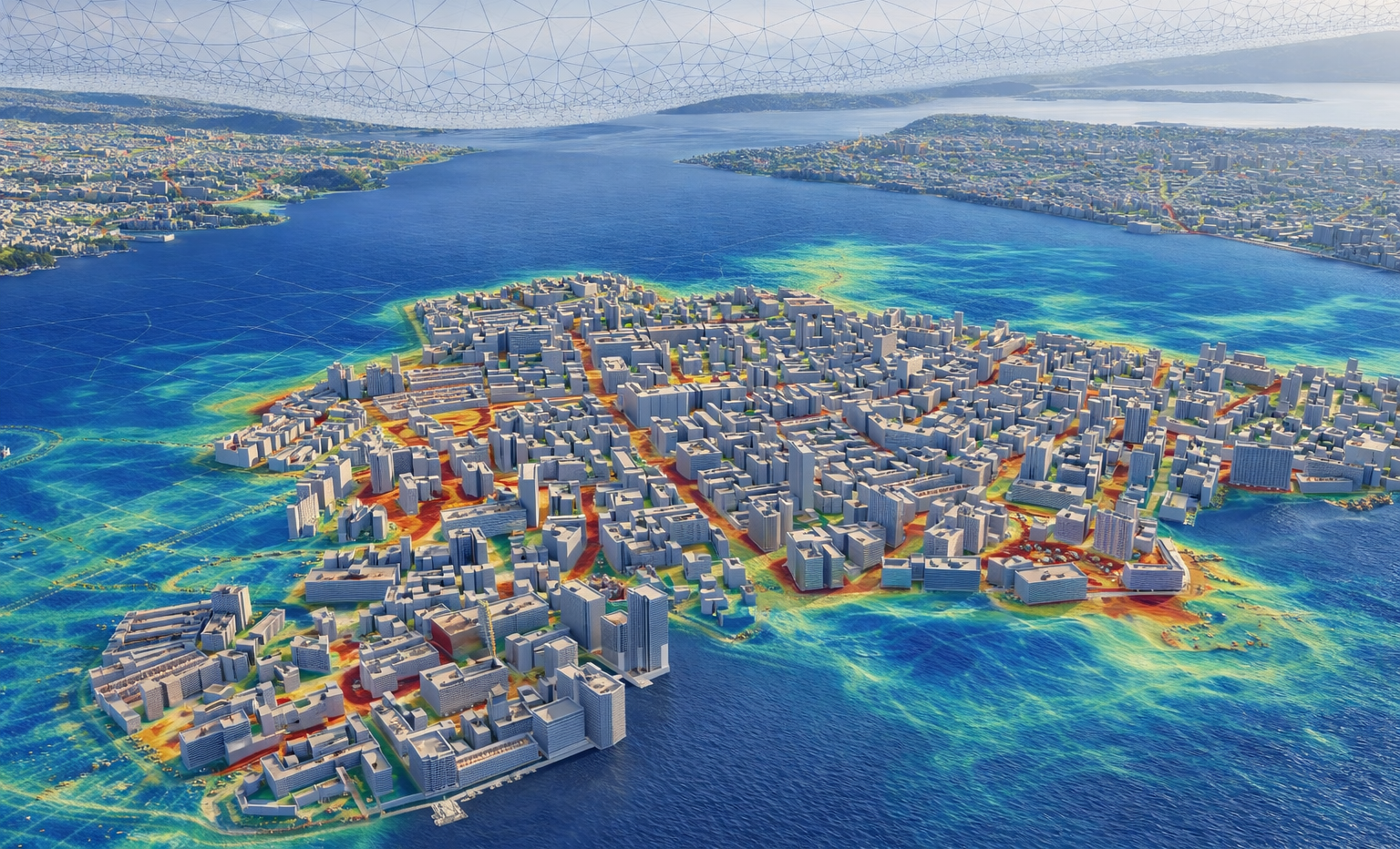Aerial 3D digital twin rendering of a coastal city peninsula surrounded by blue water. Overlaid heatmaps and fluid dynamic flow lines—transitioning from cyan and green to bright red along street canyons—visualize microclimate, temperature, and airflow simulation data across urban buildings.