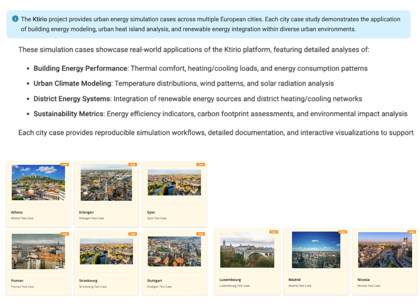 Short Alt Text A webpage layout introducing the Ktirio project's urban energy simulation cases across European cities, detailing four core analysis areas above a grid of interactive city case cards.