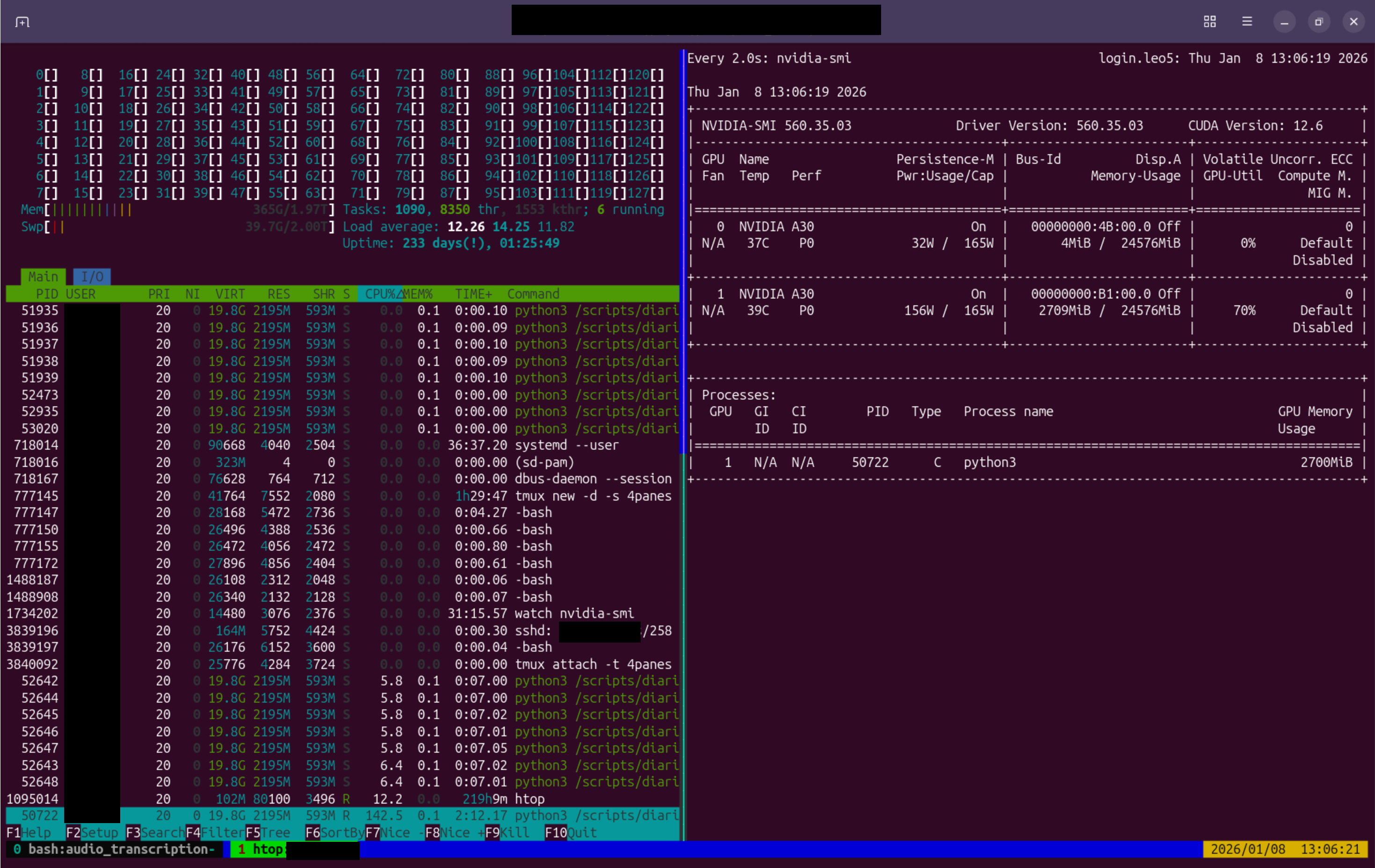 Left column: speaker diarisation in progress. Right column: utilisation of GPU 1 — memory usage (2,709 of 24,576 MiB used). The compute utilisation of GPU 1 is at 70%. 