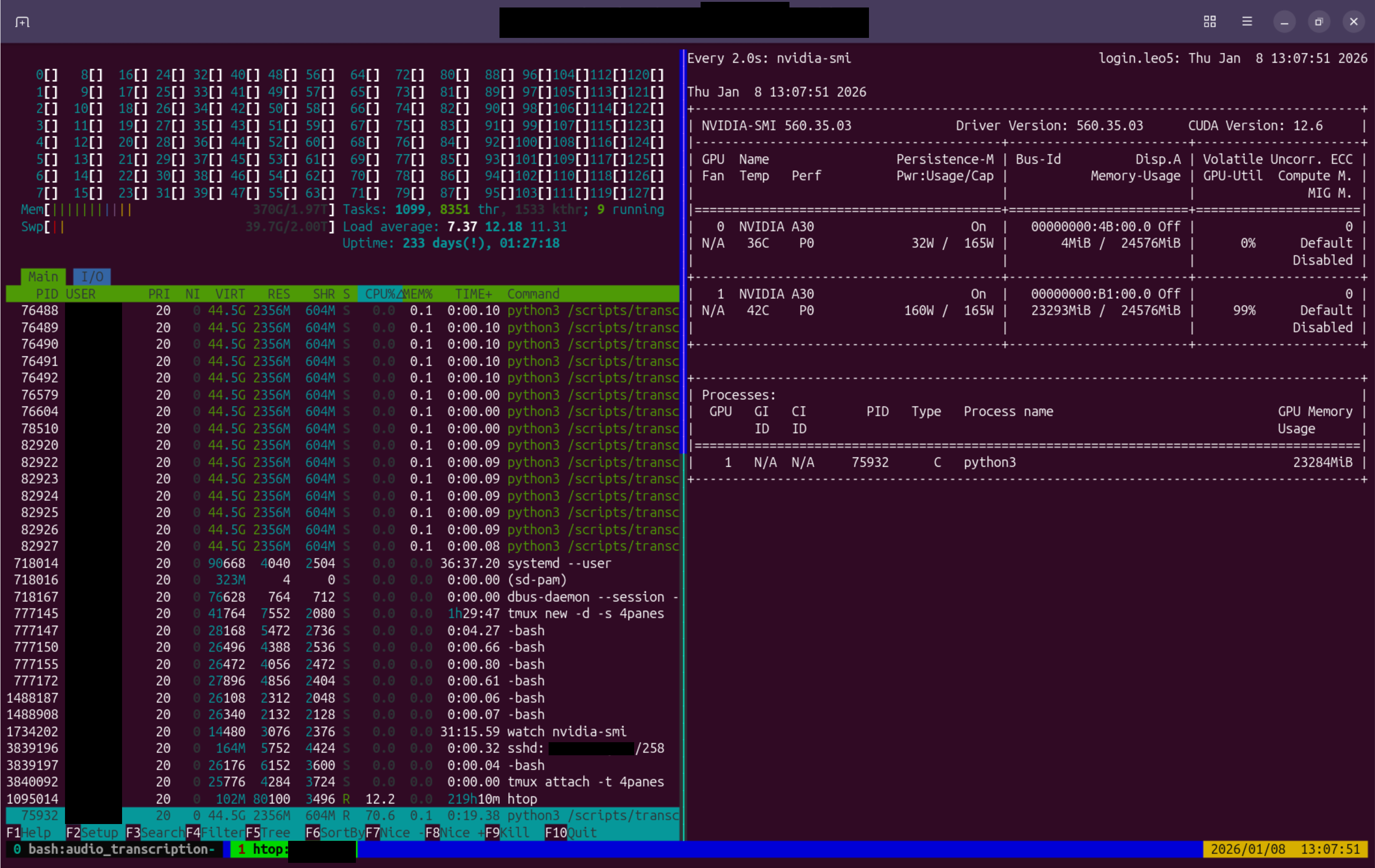 Screenshot of the new AI transcription tool. In the left column: all processes running on the CPUs, including the system’s total CPU utilisation, which is very low here. Beneath the green bar on the far right: the task currently being computed — in this case, the transcription itself.  In the right column: the utilisation of GPU 1 in terms of compute capacity (99% utilisation) and memory usage (23,293 MiB of 24,576 MiB; MiB = mebibyte) during the actual transcription process. 