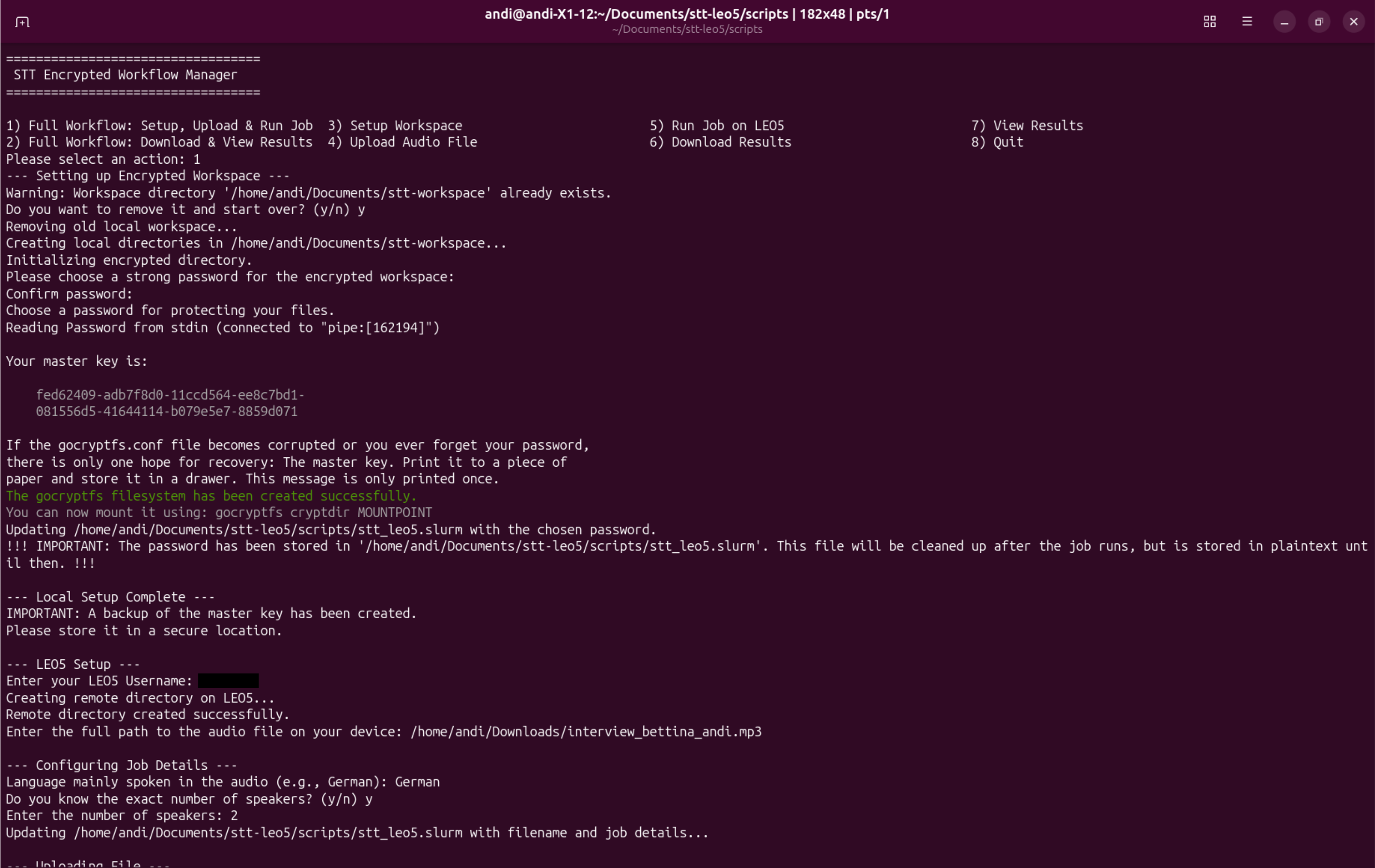 STT workflow manager: the user’s initial steps when running the script, for example selecting the language and the number of speakers (at the bottom). 