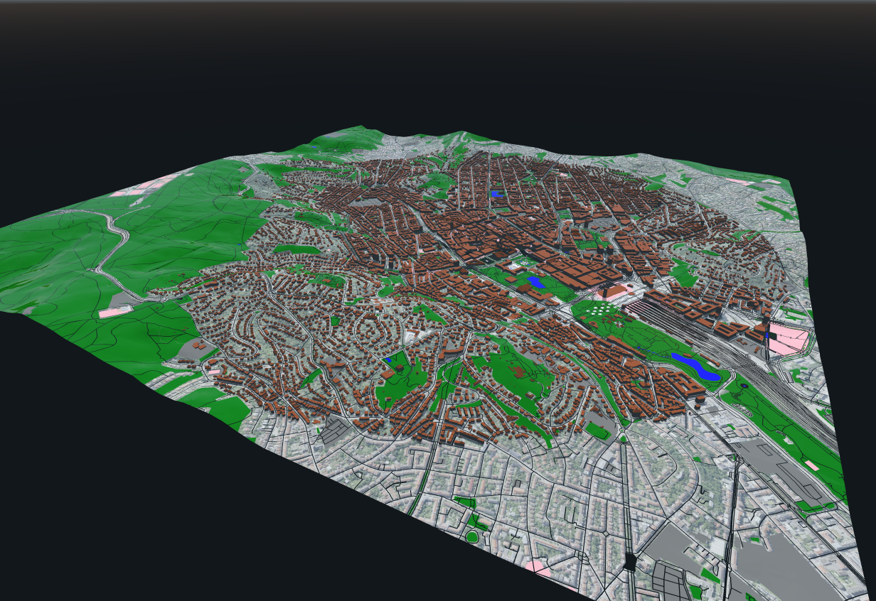 A wide-angle, bird's-eye 3D digital simulation rendering displaying an entire city scale terrain with densely packed buildings, street grids, green zones, and surrounding hills set against a black background.