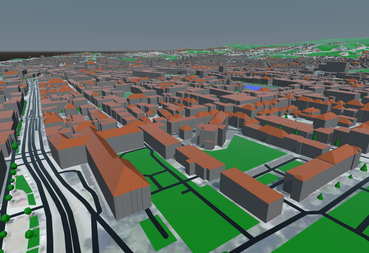 A 3D digital simulation rendering of a dense European city landscape, showing grey geometric building blocks with terracotta-red roofs, green parks, and street networks stretching toward rolling hills in the background.