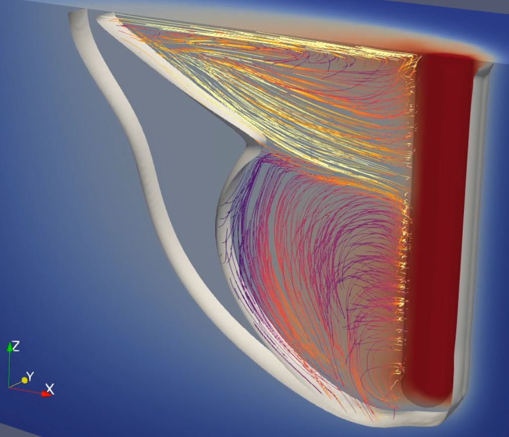 A 3D simulation visualization showing internal fluid velocity streamlines and thermal flow patterns around a vertical laser keyhole and melt pool boundary set against a blue-to-orange gradient background.