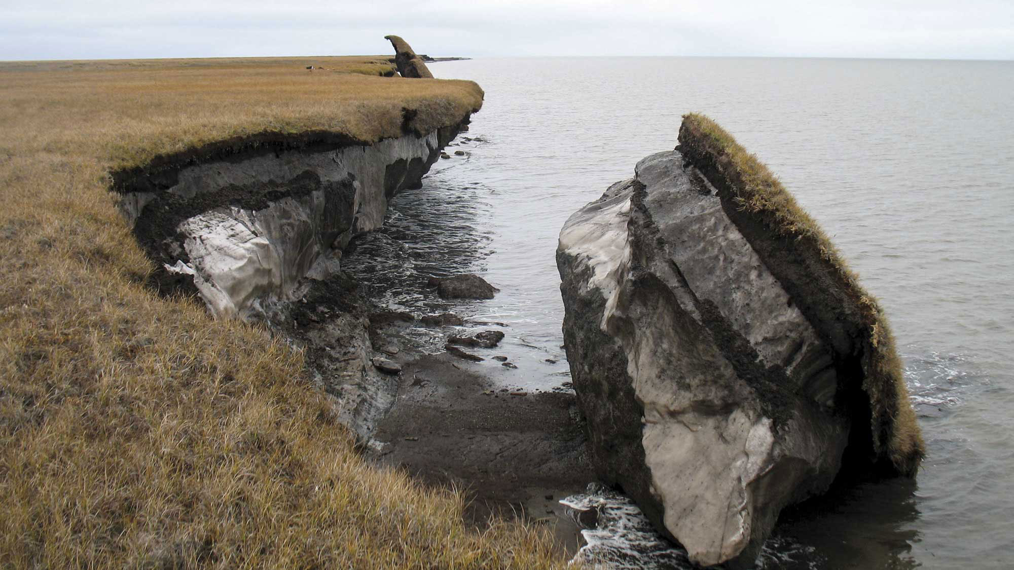 A dramatic photograph of coastal permafrost erosion in an Arctic tundra landscape, showing a large block of frozen soil and ice breaking off the cliff face into the sea.