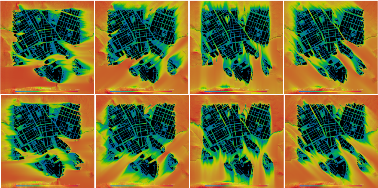 A sequence of eight aerial Computational Fluid Dynamics (CFD) simulation maps arranged in two rows of four. Each map displays a top-down view of an urban street grid with varying color overlays—ranging from red and orange (higher intensity or velocity) to green and dark blue (lower intensity)—illustrating changing airflow patterns, dispersion, or microclimate conditions across the city geometry over different timesteps or scenarios.