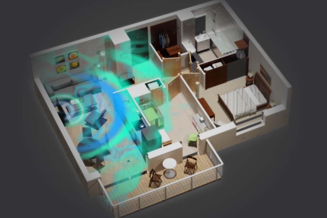 visualization of soundwaves distributing in a furnished appartment