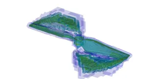 Locally increased resolution resulting from use of AMR framework. Upper plot shows volume occupied by various refinement levels and the lower figure presents the corresponding flow structure