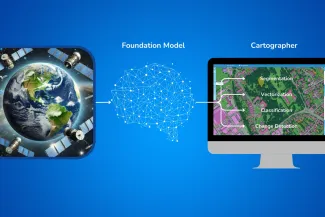 The diagram illustrates how satellite imagery is processed by an AI foundation model and integrated into the Cartographer platform, enabling automated image segmentation, vectorization, classification, and change detection for geospatial analysis.