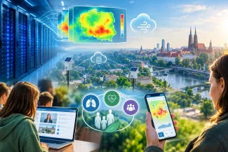 City, airforecast, people checking the forecast on various devices