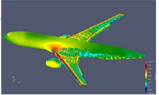 Computed flow field displayed on an airplane