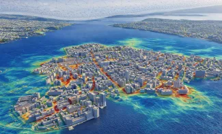 AI generated aerial view of the City of Stockholm simulating withe colours the wind flow between the buildings