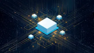 Digital Illustration of a central illuminated cube connected to smaller nodes via glowing circuit-like paths