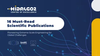 A promotional digital banner for the HIDALGO2 Centre of Excellence.  The background is a deep blue color, adorned with abstract, glowing blue and purple curved lines that resemble data pathways, network connections, or fiber optics, ending in bright light dots.  Key Elements Top Left: The "HIDALGO2 CENTRE OF EXCELLENCE" logo. The word "HIDALGO2" is written in a stylized, bold white font with a yellow dot over the letter "i".  Center Left: A prominent white, rounded banner containing the main title in bold, 