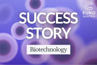 Purple cell‑like graphic with blurred circles and central Success Story text beside EuroCC Austria logo