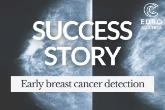 The pictures contains of 2 mamigraphies: the left image shows breast cancer, the right healthy tissue. In the middle of the picture: the words "Success Story - Early breast cancer detection"