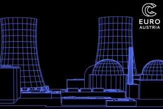 Black background with a blue stylised nuclear power plant