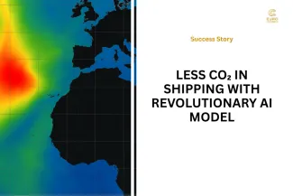 picture is divided in left and right side. on the left side a map that shows western parts auf Europe and Afrika and on the left of them, in the sea, a red coloured area, marking high waves. On the right side of the image the title of the success story: "Less CO₂ in shipping with revolutionary AI model.