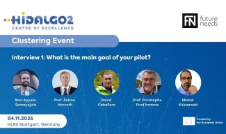 Branded blue visual titled HiDALGO2 Clustering event. Interview #1: Waht is the main goal of your pilot? Photos of the interviewees featured in circular frames 