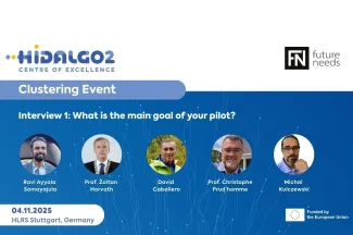 Branded blue visual titled HiDALGO2 Clustering event. Interview #1: Waht is the main goal of your pilot? Photos of the interviewees featured in circular frames 