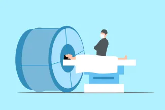 Patient in front of an MRI, next to it the doctor