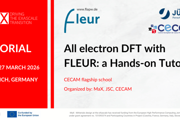 Poster advertising an all-electron DFT hands-on tutorial with FLEUR, organized by MaX, JSC, and CECAM, taking place in Jülich, Germany from March 23-27, 2026.