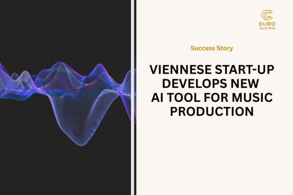 on left side of the image: blue musical waves on black background, on the right the title of the article: "Viennese start-up develops new  AI tool for music production"