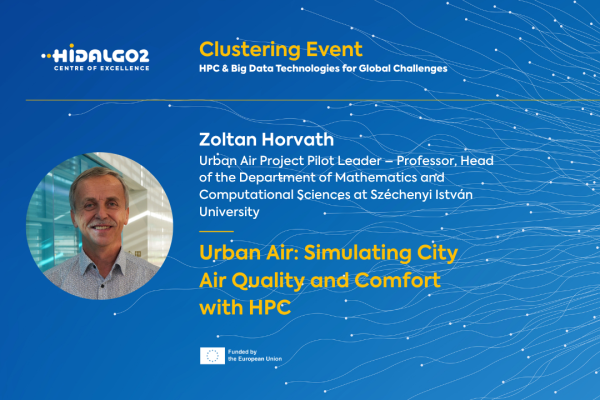 Image Details  Event Header: HiDALGO2 Centre of Excellence presentation graphic for a "Clustering Event: HPC & Big Data Technologies for Global Challenges."  Presenter: Zoltan Horvath (Urban Air Project Pilot Leader — Professor, Head of the Department of Mathematics and Computational Sciences at Széchenyi István University).  Topic Title: Urban Air: Simulating City Air Quality and Comfort with HPC.  Affiliations & Funding: Displays the European Union funding badge along with HiDALGO2 branding against a blue
