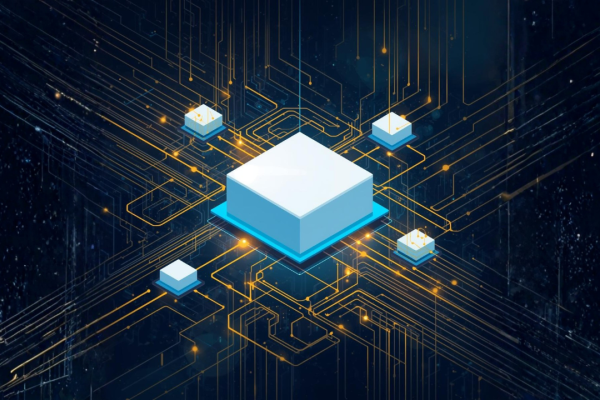 Digital Illustration of a central illuminated cube connected to smaller nodes via glowing circuit-like paths