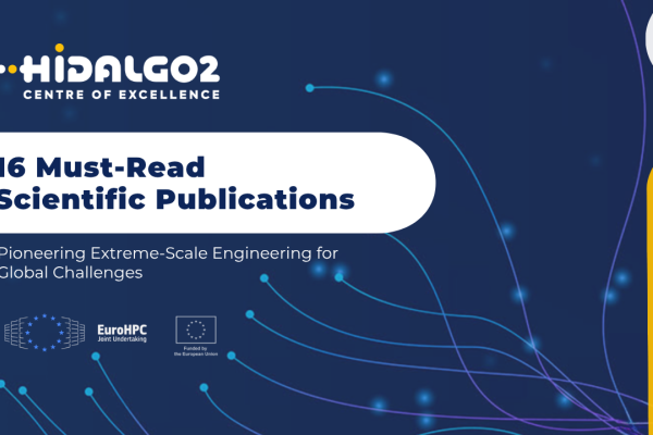 A promotional digital banner for the HIDALGO2 Centre of Excellence.  The background is a deep blue color, adorned with abstract, glowing blue and purple curved lines that resemble data pathways, network connections, or fiber optics, ending in bright light dots.  Key Elements Top Left: The "HIDALGO2 CENTRE OF EXCELLENCE" logo. The word "HIDALGO2" is written in a stylized, bold white font with a yellow dot over the letter "i".  Center Left: A prominent white, rounded banner containing the main title in bold, 