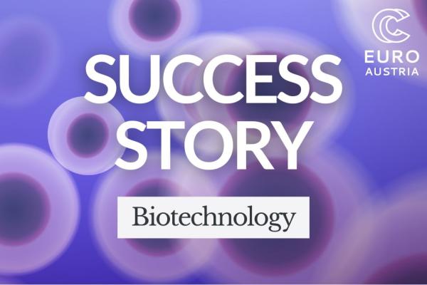 Purple cell‑like graphic with blurred circles and central Success Story text beside EuroCC Austria logo