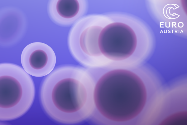 Purple cell‑like graphic with blurred circles 