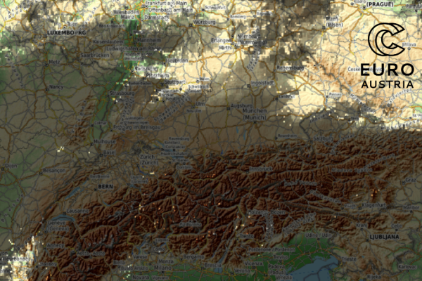 A map showing the shadows of clouds. In the upper right corner EuroCC Austria's logo