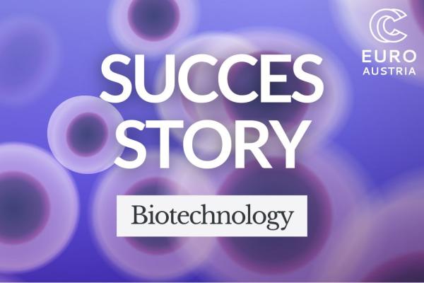 Purple cell‑like graphic with blurred circles and central Success Story text beside Euro Austria logo