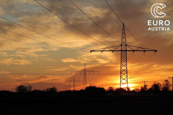 Sunset over a wood, clouds in the sky, the picture showing energy grids with cables