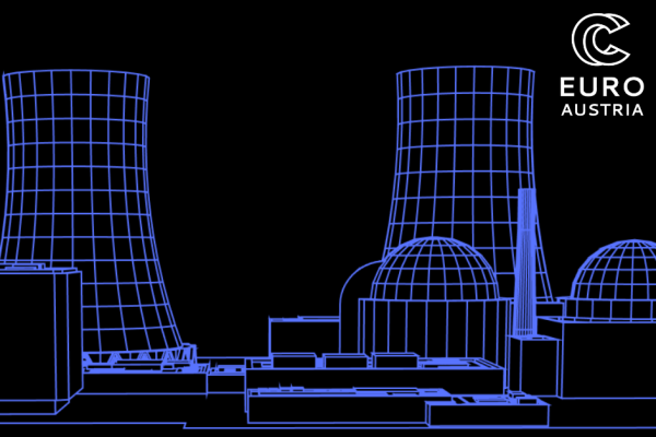 Black background with a blue stylised nuclear power plant