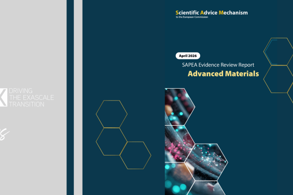 Cover of the SAPEA Evidence Review Report "Advanced Materials" from April 2026, with the Scientific Advice Mechanism logo and a graphic featuring interconnected hexagons and a close-up of advanced materials.