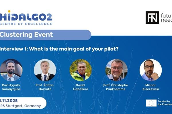 Branded blue visual titled HiDALGO2 Clustering event. Interview #1: Waht is the main goal of your pilot? Photos of the interviewees featured in circular frames 