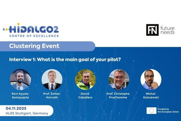 Branded blue visual titled HiDALGO2 Clustering event. Interview #1: Waht is the main goal of your pilot? Photos of the interviewees featured in circular frames